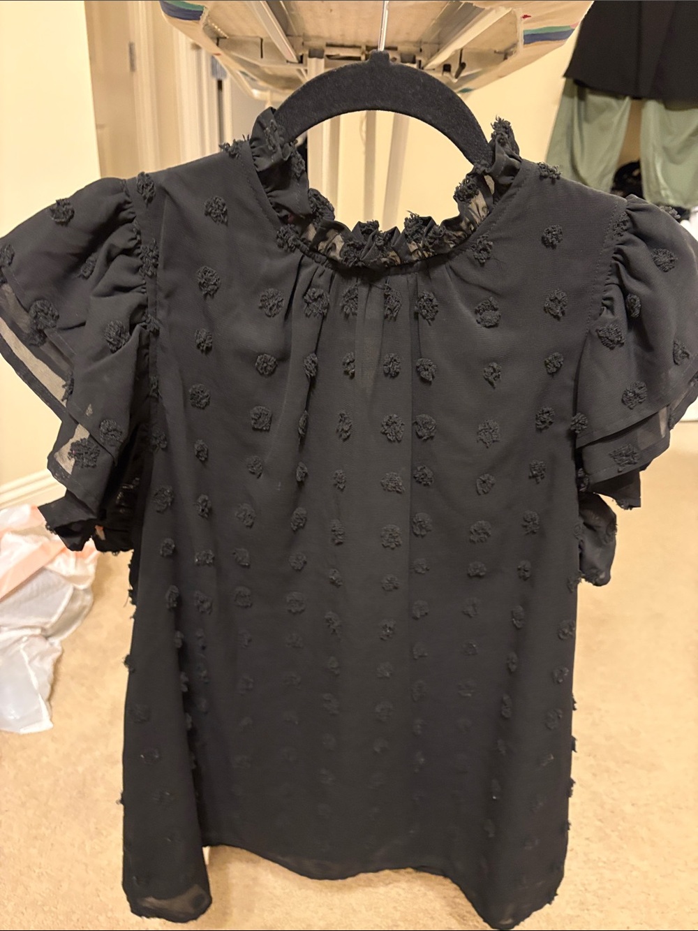 entro Black Textured Dot Ruffled Sleeve Blouse